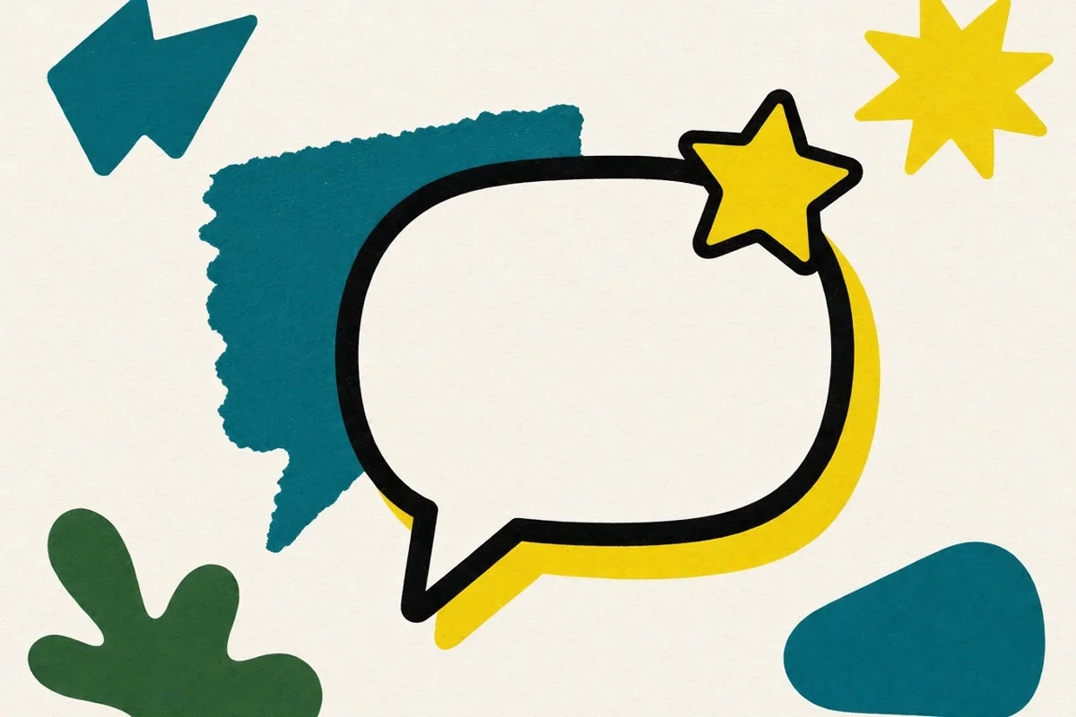 A white speech bubble sticker with a yellow star pinned to its corner and a torn teal bubble behind it